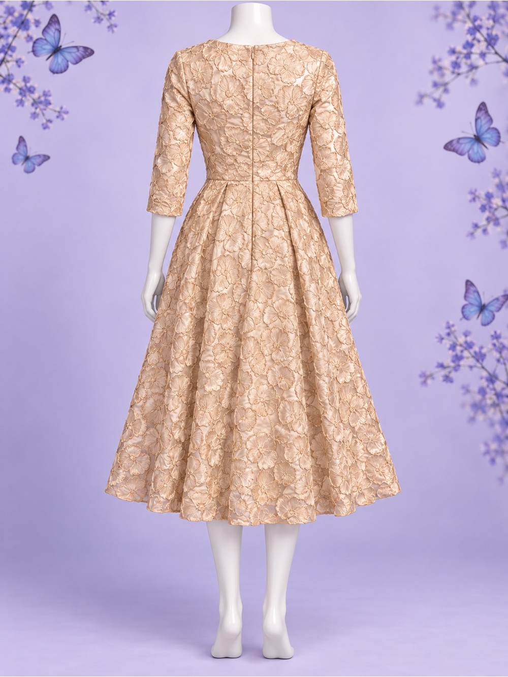 Elegant 3/4 Sleeve Floral Lace Midi Dress in Champagne